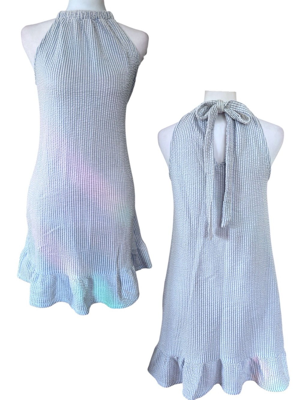 2000s Green Envelope Light Blue Halter Ruffle-Hem Mini Dress